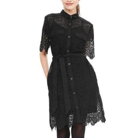 Banana Republic Heritage Belted Lace Shirt Dress Women Size 2 Black Crochet Hem - Picture 2 of 15